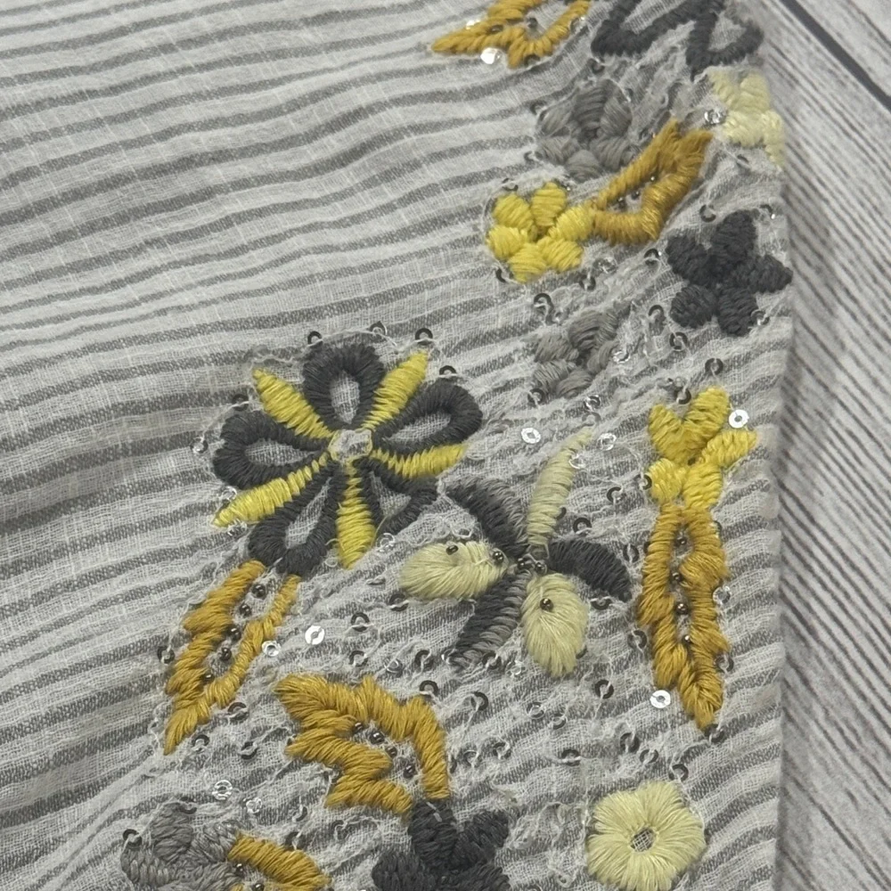 Style & Co. Gray Striped Blouse with Yellow and Charcoal Floral Embroidery